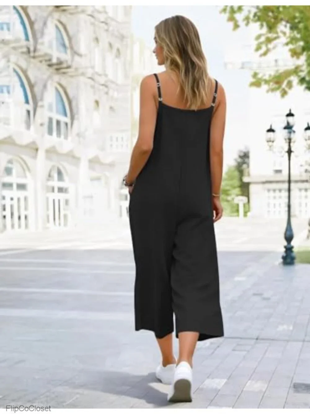 Women's Cotton Wide Leg Jumpsuit Baggy Cropped Romper Overalls with Pockets